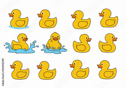 Collection of cute yellow rubber ducks floating and splashing in water, perfect for bath time concepts on a white background.