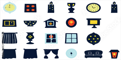 Assorted retro style interior design objects and home decor icons collection
