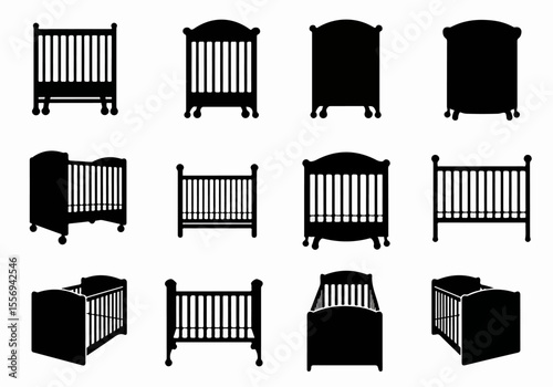 Set of Black Baby Crib or Cot Silhouettes Isolated on White Background, Showing Different Styles and Perspectives for Nursery and Childcare Graphics
