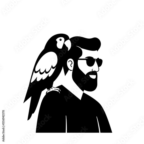 Man with beard and sunglasses and parrot on shoulder silhouette
