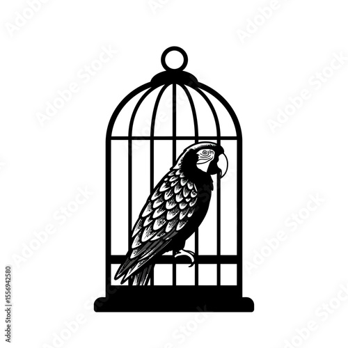 Monochrome parrot inside of a vintage birdcage art silhouette