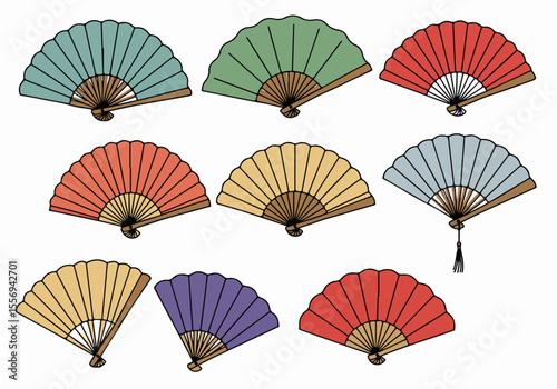 Set of vibrant traditional Asian folding fans in multiple colors, isolated on white, in a hand-drawn style illustration.