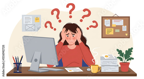 A stressed employee holds his head in frustration, showing remote work burnout. This flat vector uses icons to visualize pressure and mental fatigue. Set for remote work burnout, Remote work stress