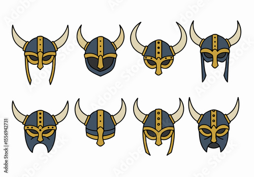 Set of various colorful cartoon Viking helmets with horns, isolated on a white background. Vector illustration collection of ancient warrior headwear icons.
