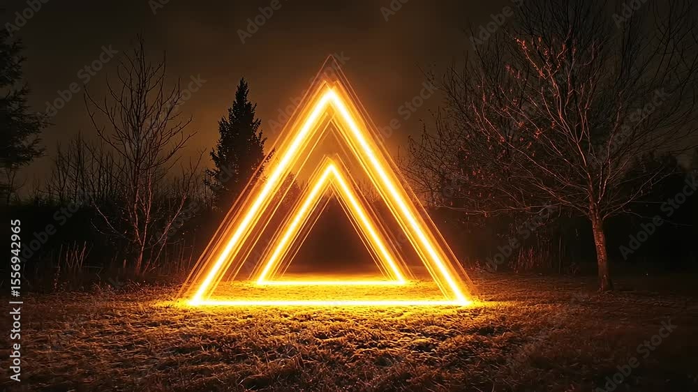 Illuminated triangular shapes glowing in a dark forest at night, creating a mystical atmosphere