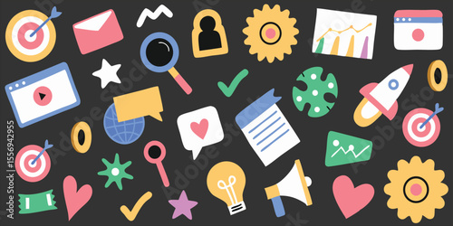 Trendy social media and marketing icon collection for content creation and promotion