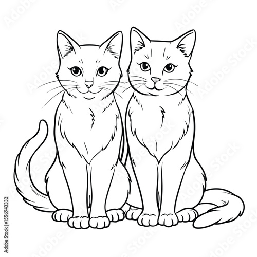 Two stylized cats sitting together outline black and white