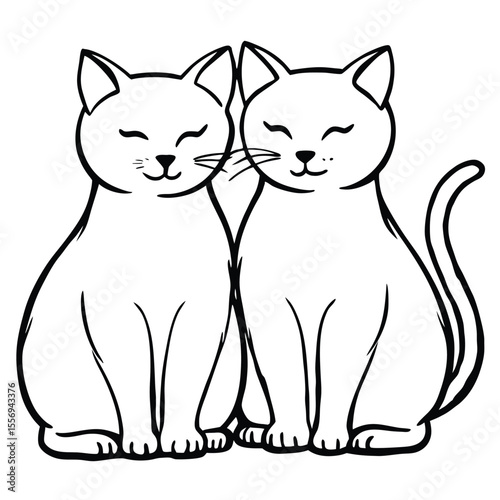 Two stylized cats sitting together outline black and white