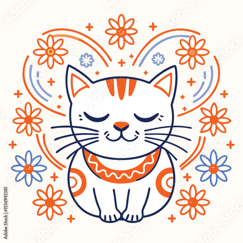 White cat with closed eyes surrounded by flowers smiling