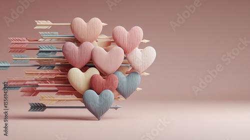  Mental strength and resilience concept depicted with many arrows and stacked heart shapes. Symbolic representation of emotional endurance and love.