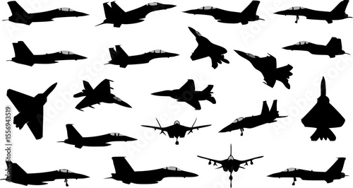 Collection of jet fighters black silhouettes presenting a varied array of military aircraft designs for aviation enthusiasts