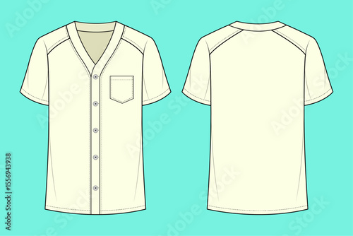 Baseball Jersey uniform fashion flat sketch outline CAD mockup front and back views.