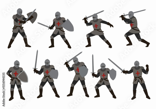 Flat design vector illustrations of knights in armor with swords and shields in various fighting poses, depicting medieval combat and crusades