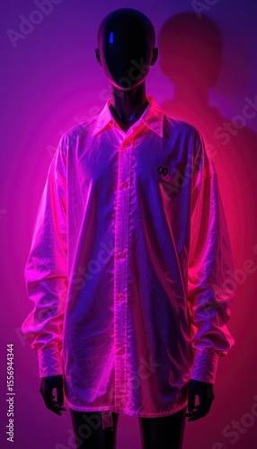 A mannequin wearing a pink shirt illuminated with neon lighting in a studio setting relevant
