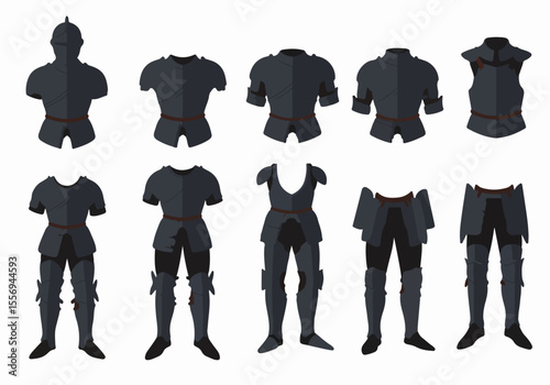 Flat vector set of dark grey medieval or fantasy knight armor pieces including helmets, chest plates, leg protection, and full suits, isolated on white.