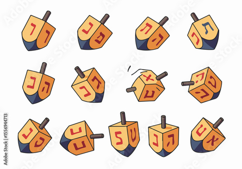 Collection of Cartoon Hanukkah Dreidels with Hebrew Letters in Various Poses for Holiday Game Illustration