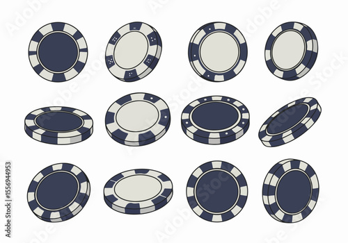 Set of Blue and White Illustrated Poker Chips in Various Angles