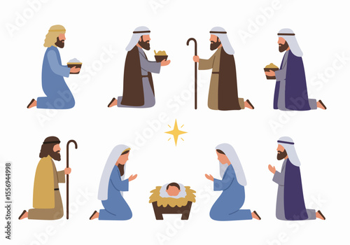 Cartoon Nativity Scene Illustration with Baby Jesus, Mary, Joseph, Shepherds, and Wise Men Adoring