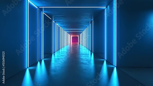 Futuristic hallway illuminated with blue neon lights leading to a glowing doorway, evoking mystery