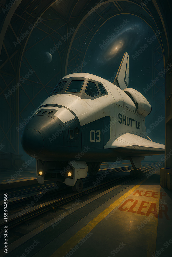 Fototapeta premium Retro Space Shuttle in Gothic Hangar with Galactic Backdrop