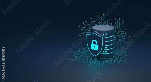 Secure database concept, digital shield with padlock protecting data, cyber security, network protection, and privacy, dark blue background