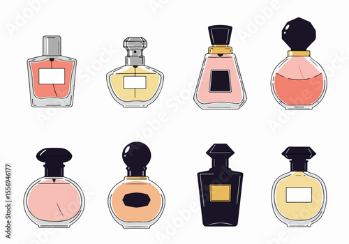 Set of stylish hand-drawn perfume bottles vector illustration icons with different shapes and colors on a white background, representing luxury and beauty.