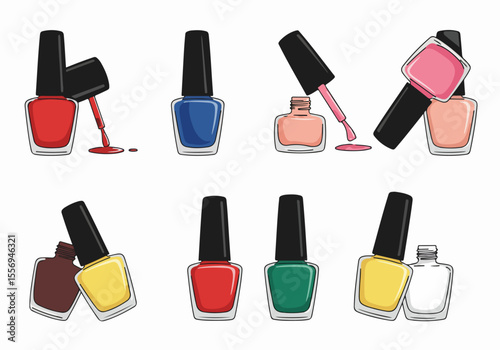 Collection of colorful nail polish bottles with brushes, some open with spills, illustration set.