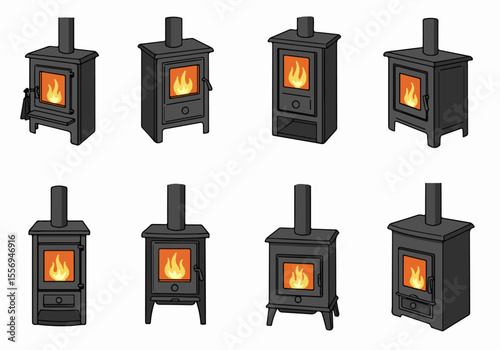 Collection of eight different wood burning stoves with warm fires, illustration set