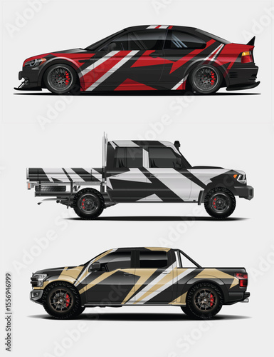 Stylized Car and Truck Designs with Bold Geometric Wraps on a White Background