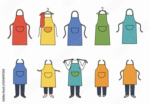 Colorful aprons hanging and worn by abstract figures