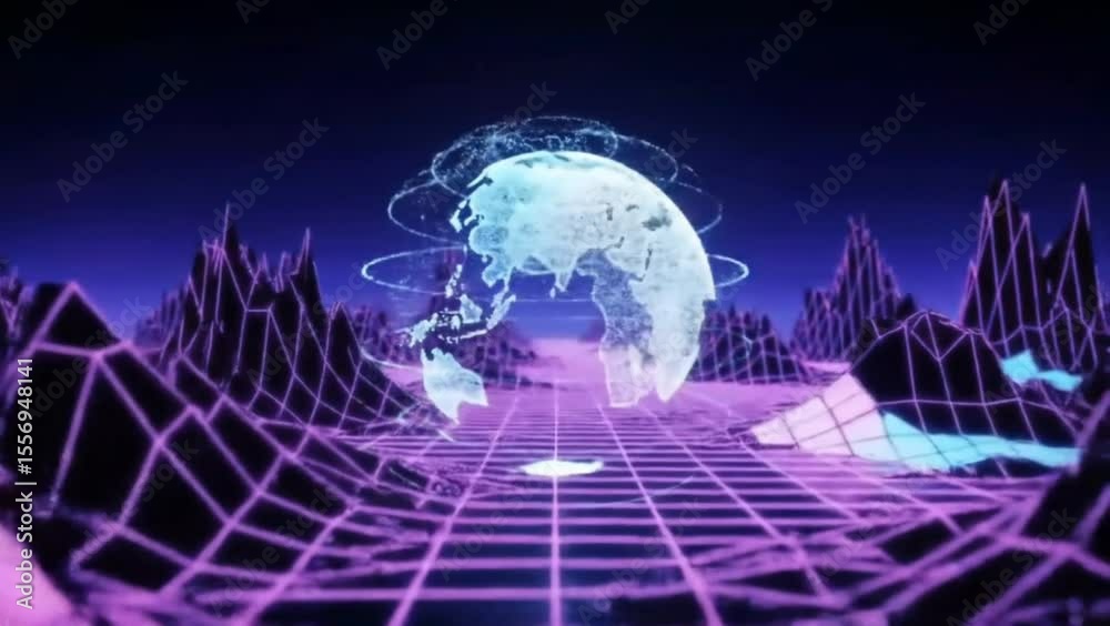 Retro futuristic earth hologram on a digital terrain, seamless looping 4k time-lapse animation video background
