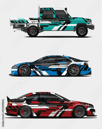 Three Cars with Bold Geometric Wraps in Teal Blue and Red Tones