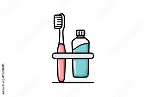 Toothbrush and Mouthwash in Holder Illustration for Dental Hygiene and Oral Care