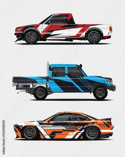 Three stylized vehicles with custom racing wraps showcasing different body styles and color schemes