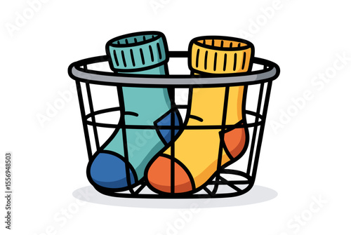 Cartoon Illustration of a Laundry Basket Filled with Colorful Socks, a Whimsical Laundry Day Scene