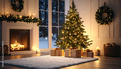 christmas tree with fireplace and gifts
