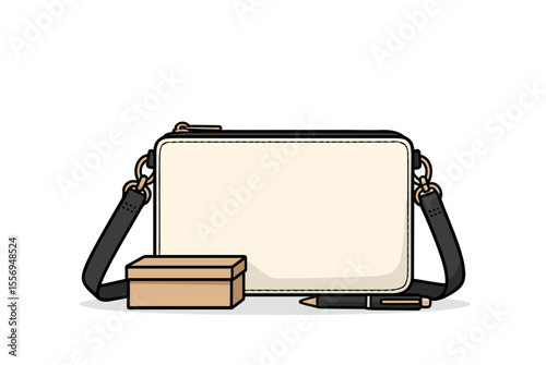 Stylized Illustration of a Beige Crossbody Bag with a Black Strap, a Small Box, and a Pen on a White Background