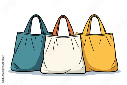 Three Colorful Reusable Shopping Bags Illustration for Sustainable Lifestyle and Eco-Friendly Practices