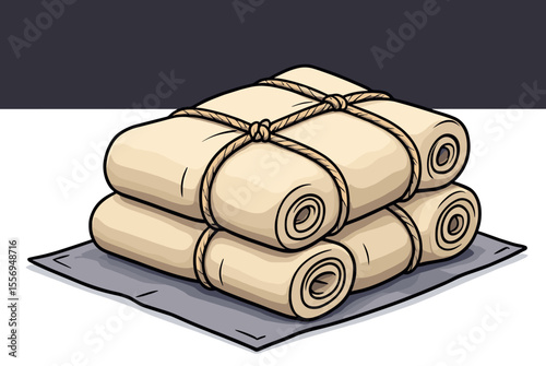 Stack of Rolled Towels Tied with Rope on a Gray Mat Illustration, Clean Laundry Concept