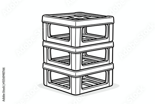 Stack of Three White Plastic Crates Illustration with Simple Lines and Shadows