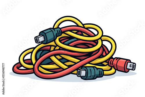 Tangled Mass of Red, Yellow, and Black USB Cables Illustration, Connectivity and Technology Concept