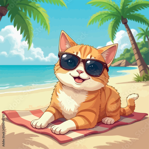 funny, kitten, summer, illustration, beach, sunglasses, vacation, animal, background, cat, cute, travel, nature, pet, vector, sea, fashion, style, kitty, fun, ocean, relax, cartoon, art, sun, fluffy, 