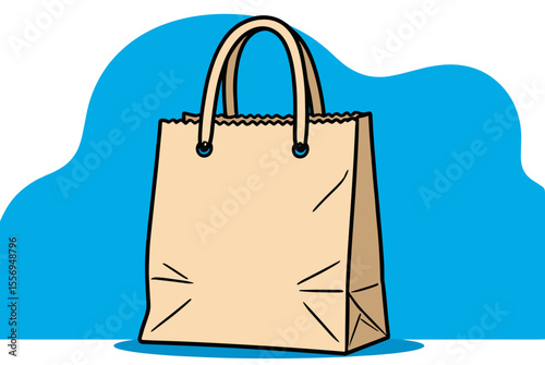 Illustrated Brown Paper Shopping Bag with Handles and Blue Background, Vector Graphic