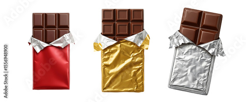 Three chocolate bars unwrapped in red gold and silver foil isolated on transparent background