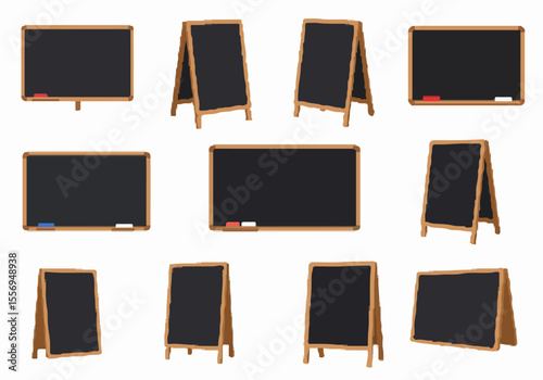 Collection of Blank Blackboards and A-Frame Chalkboard Signs with Wood Frames, Eraser, and Chalk - Isolated Vector Illustration Set