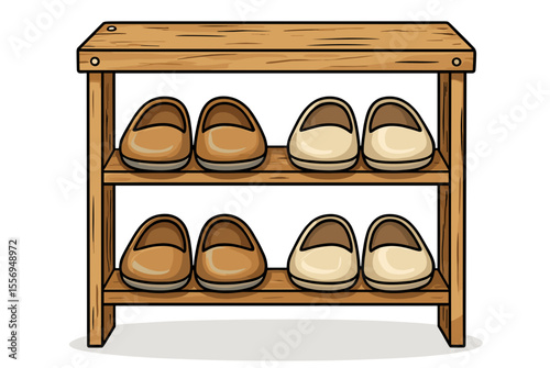 Cartoon Illustration of a Wooden Shoe Rack with Brown and Beige Shoes Neatly Arranged on Shelves
