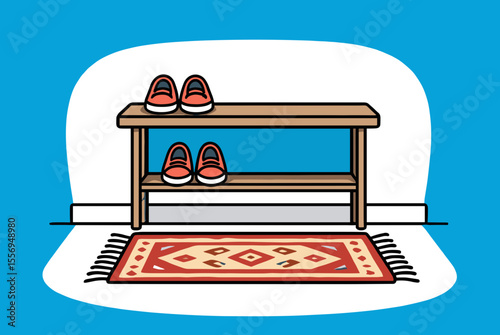 Illustration of a Shoe Rack with Shoes and a Rug on a Blue Background, Simple Design