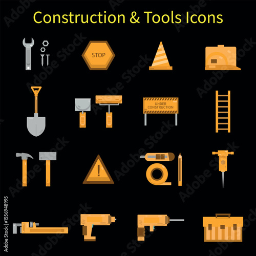 Flat vector icons for construction and industrial tools including hammer, wrench, helmet, drill, bricks, cement, and gear symbols

