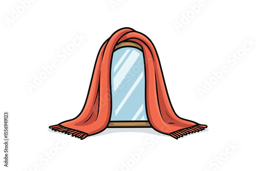 Cartoon Illustration of a Mirror Draped with a Vibrant Orange Scarf, Creating a Sense of Mystery and Intrigue