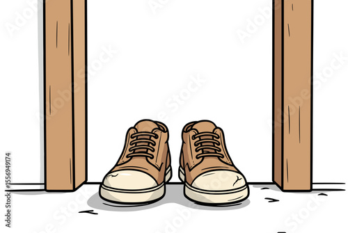 Cartoon Illustration of Shoes Standing at a Doorway, Symbolizing a Choice or Transition